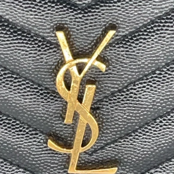 Authentic YSL Black Leather Chevron Pattern Wallet with Gold Logo - Picture 2 of 11